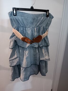 Light Blue Tiered Skater Dress with Removable Braided Belt